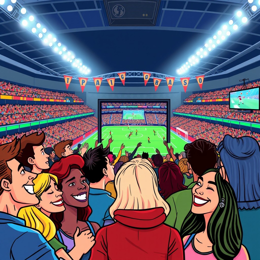 A vibrant comic-style illustration of a diverse group of people watching a large screen at a stadium, all smiling and enjoying the moment
