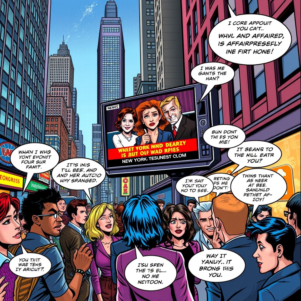A vibrant comic book scene depicting an affair being exposed on a New York City television screen