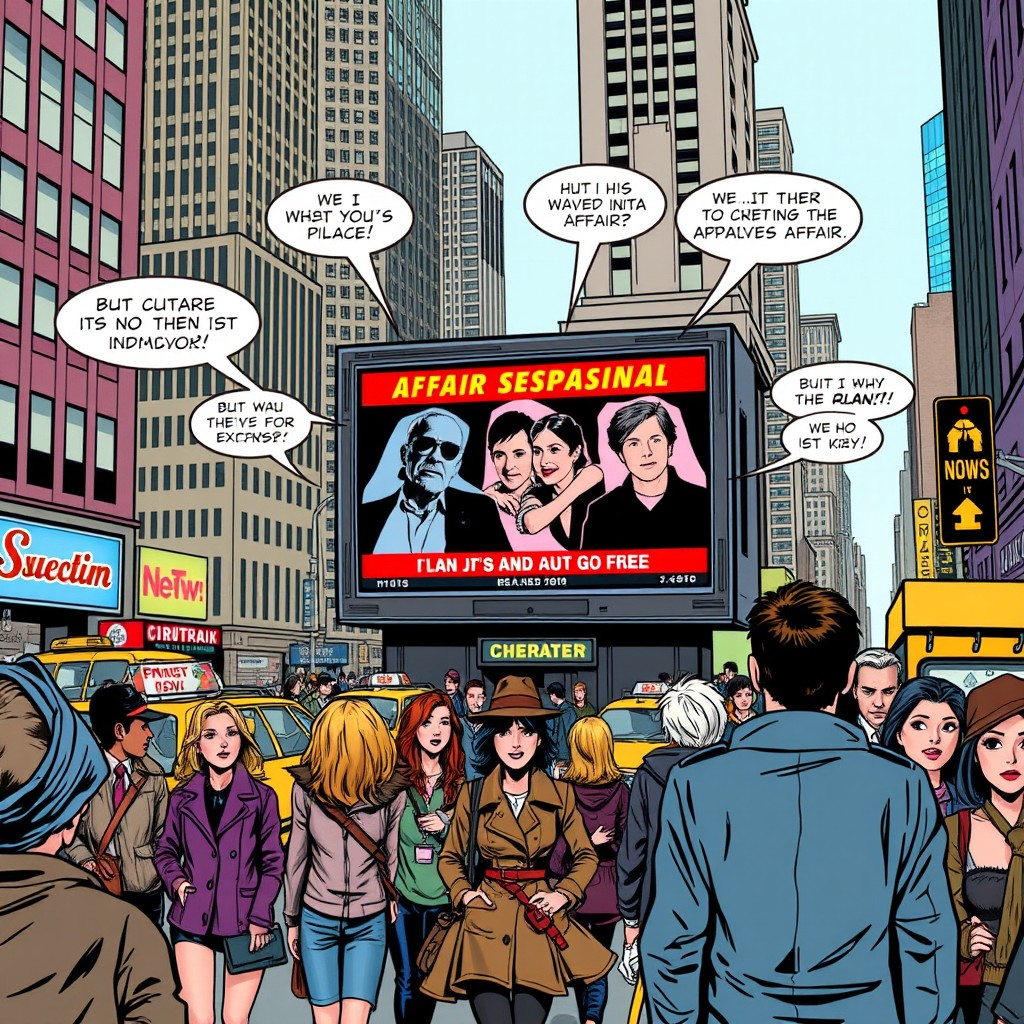 A colorful comic book scene illustrating an affair being exposed on a large television screen in New York City