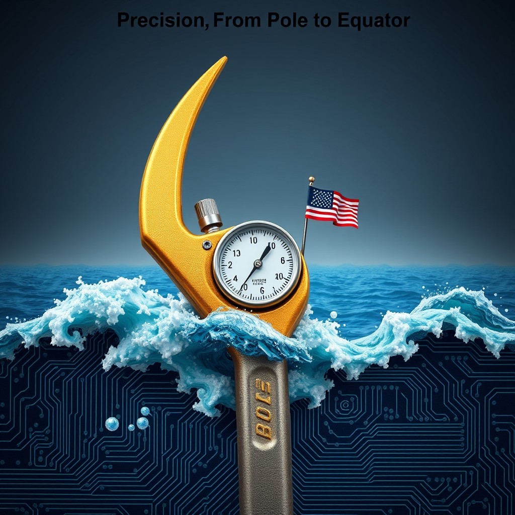 A surreal and imaginative depiction of King Neptune's Trident, uniquely designed to resemble a torque wrench, blending elements of measurement and mythology