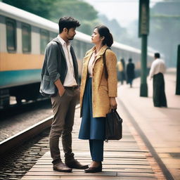 A woman and a man, dressed in everyday clothes, patiently standing together on a railway platform, immersed in a shared anticipation as they wait for the local train