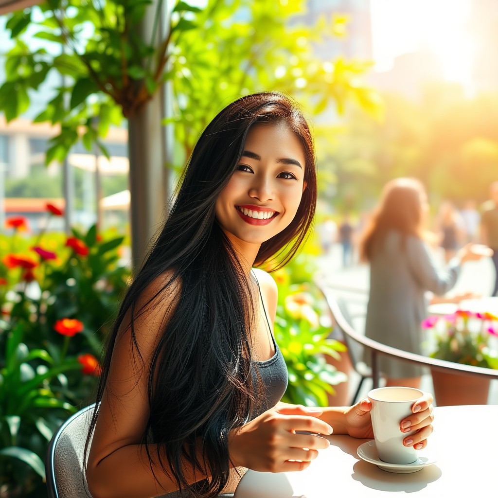 A young Asian woman with long, flowing black hair, wearing a stylish modern outfit, sitting in a bright, sunlit cafe