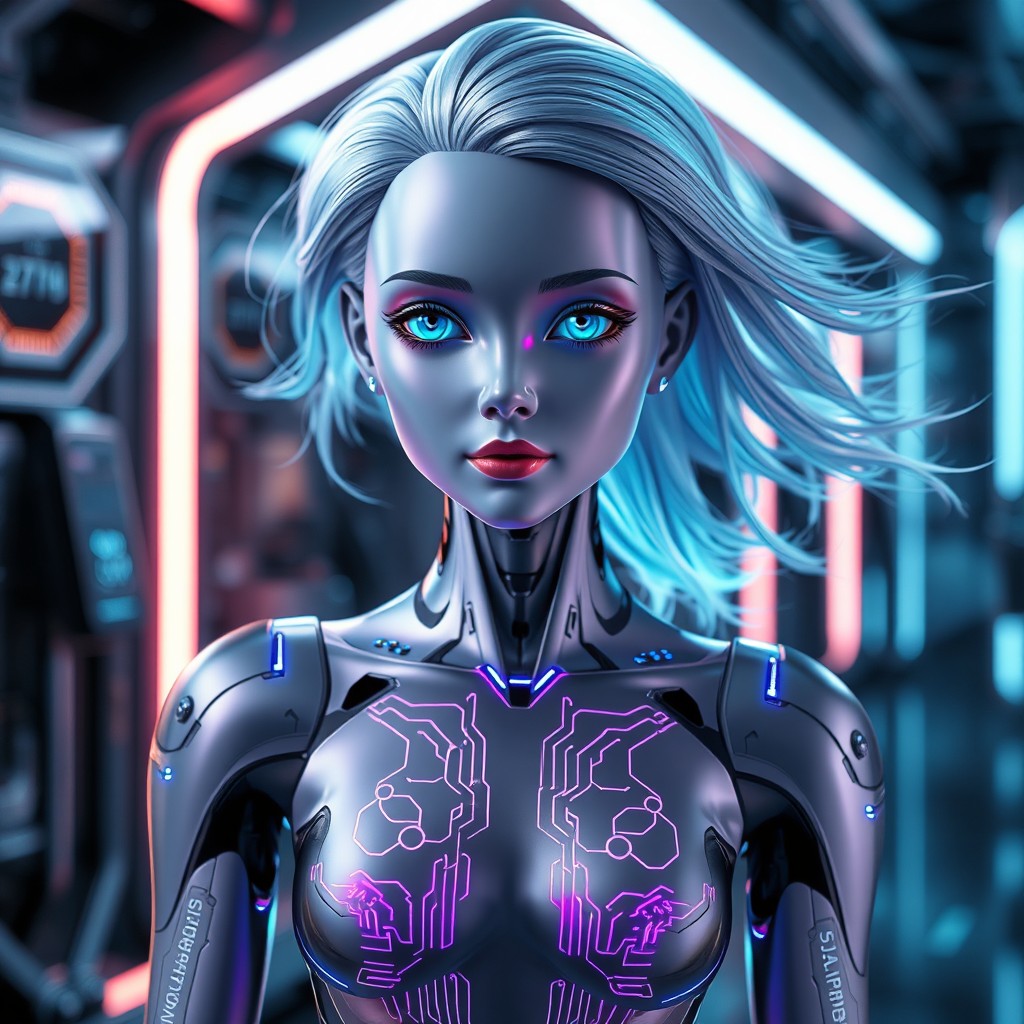 A futuristic female android standing in a sleek, high-tech environment