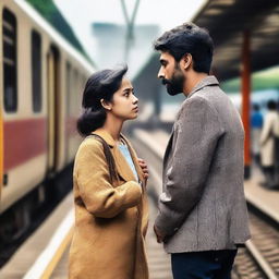 A woman and a man, dressed in everyday clothes, patiently standing together on a railway platform, immersed in a shared anticipation as they wait for the local train