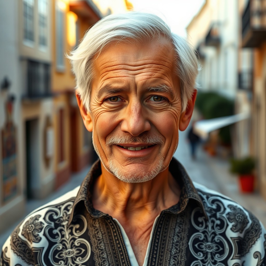 A portrait of a 62-year-old Portuguese man with white hair and a friendly expression, showcasing his cultural heritage