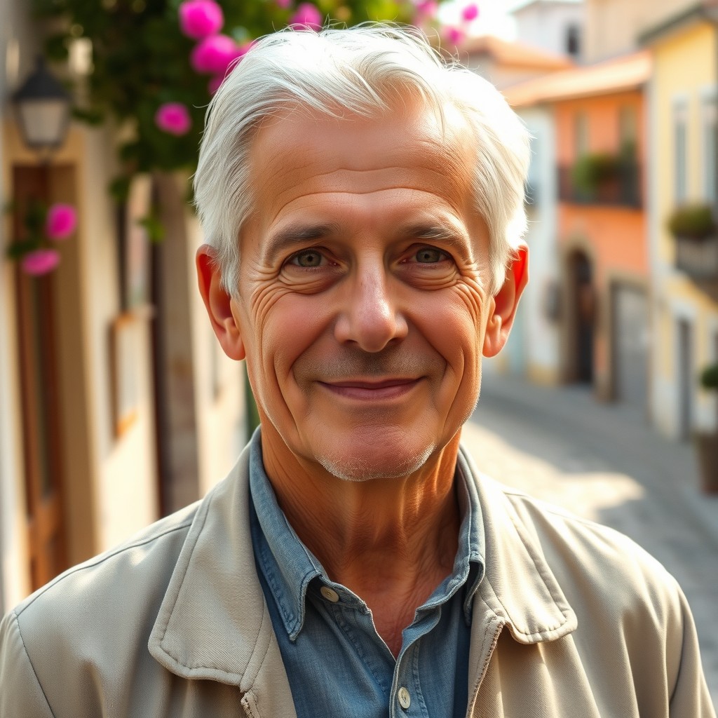 A portrait of a 62-year-old Portuguese man with white hair and a friendly demeanor