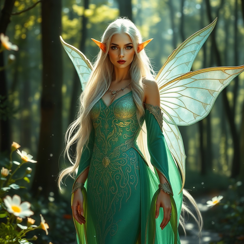 A stunning Elf Goddess standing majestically in a mystical forest, adorned in intricately designed, shimmering silver and emerald green robes that flow gracefully around her