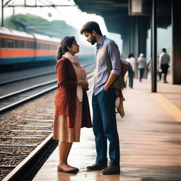 A woman and a man, dressed in everyday clothes, patiently standing together on a railway platform, immersed in a shared anticipation as they wait for the local train