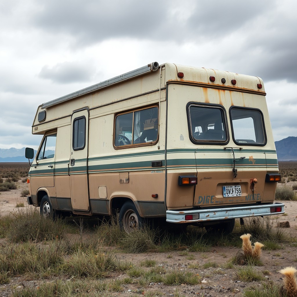 An unappealing and worn-out camper van parked in a desolate location, showcasing faded paint, rust spots, and a cluttered interior visible through the windows