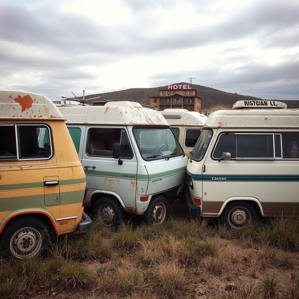 A cluster of unappealing and weathered camper vans huddled closely together in a desolate location, showcasing a variety of faded colors, rust spots, and cluttered interiors visible through the windows