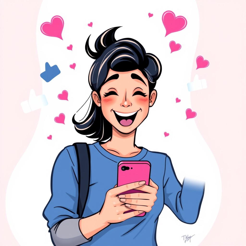 A digital illustration of a person holding a smartphone, enthusiastically participating in a Facebook comment contest