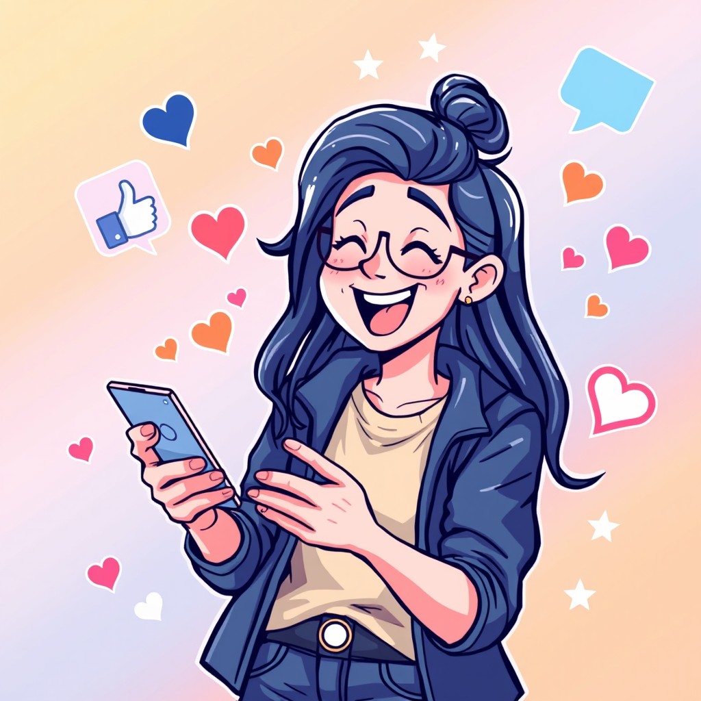 A lively illustration of a person holding a mobile phone, excitedly participating in a Facebook comment contest