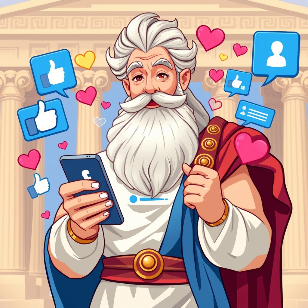 An imaginative illustration of Zeus, the Greek god, holding a smartphone while participating in a Facebook comment contest