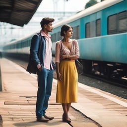 A woman and a man, dressed in everyday clothes, patiently standing together on a railway platform, immersed in a shared anticipation as they wait for the local train