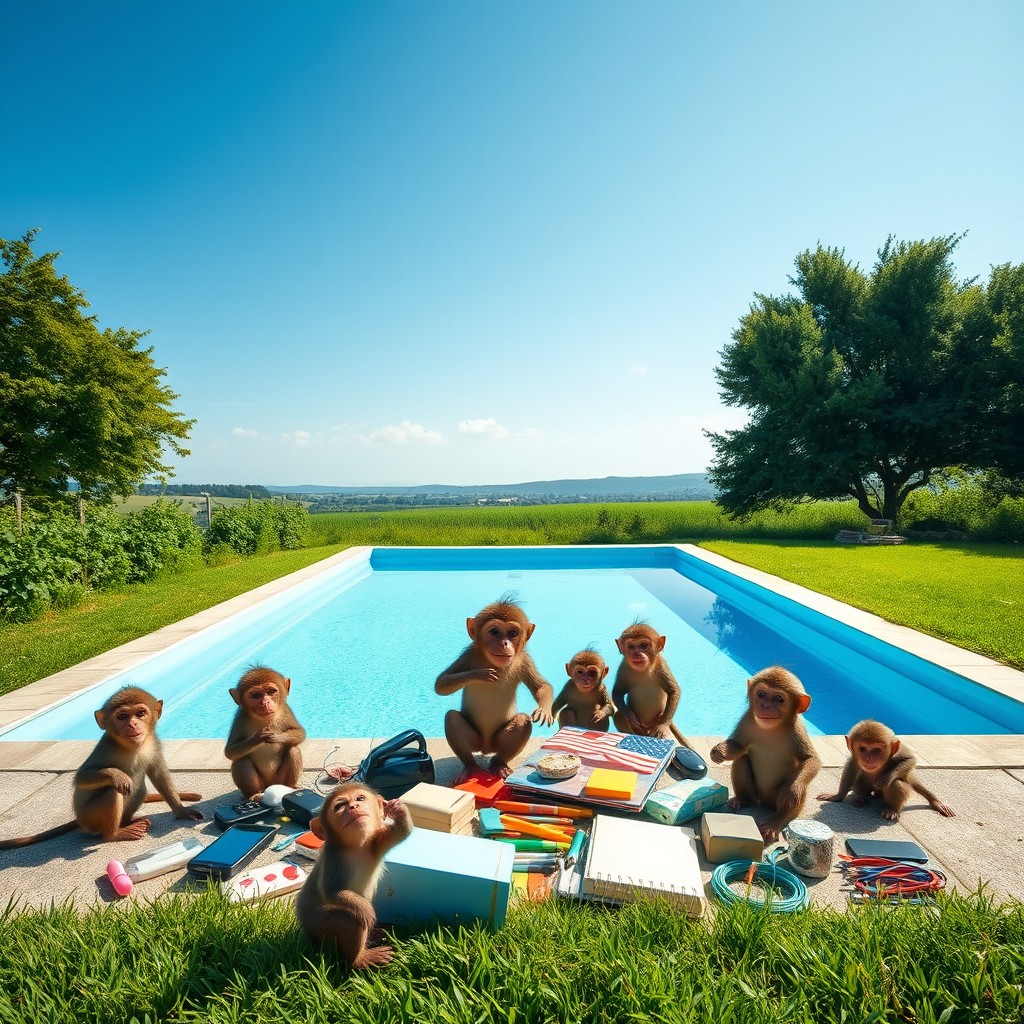 A serene countryside scene under a bright blue sky, featuring a large rectangular blue swimming pool