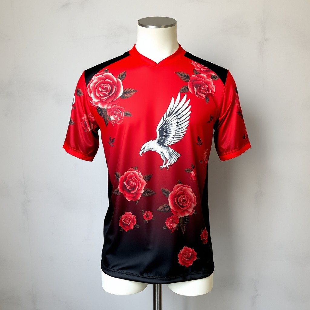 A stylish sports jersey featuring a striking gradient design transitioning from red to black