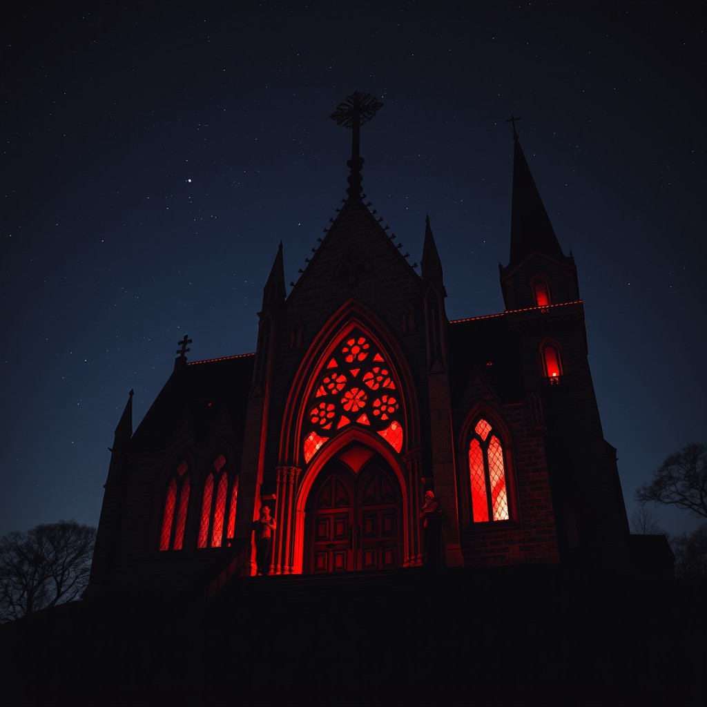 A gothic church perched on a hill, under a starry night sky