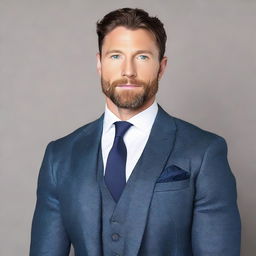 A 34-year-old tall and muscular man with dark blue eyes, white skin, wavy black hair and a short beard, wearing a sleek suit.