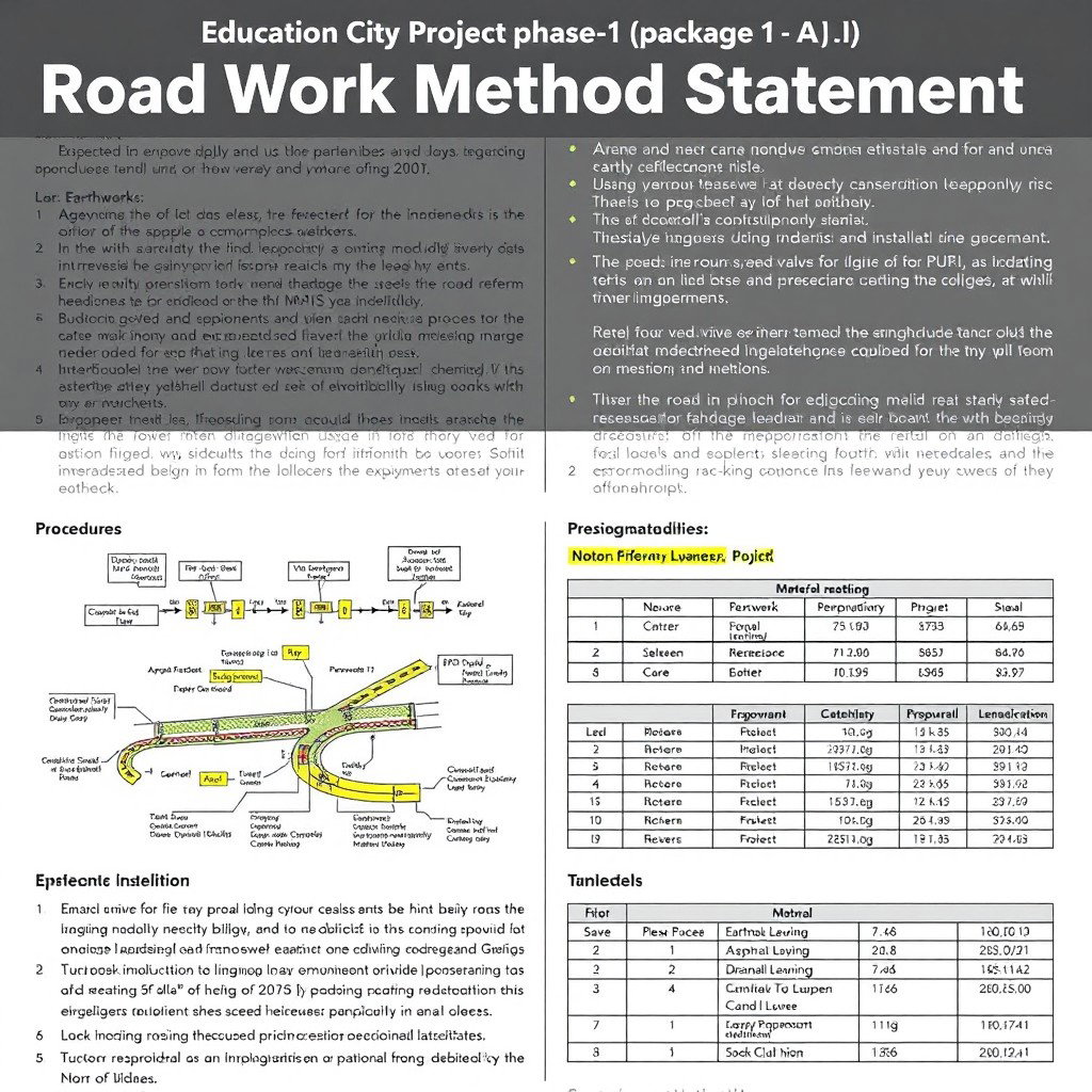 Detailed document titled 'Education City Project Phase-1 Package-1 A(i)' focusing on 'Road Work Method Statement'