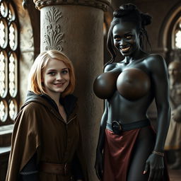 Beside a pillar in a medieval room, a very happy malnourished 19-year-old blonde woman, short with medium-length hair and wearing a noble cloak with a long collar