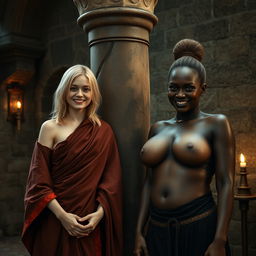 Beside a pillar in a medieval room, a very happy malnourished 19-year-old blonde woman, short with medium-length hair, wearing a rich Buddhist noble cloak that closes at the neck