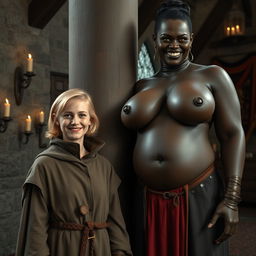 Next to a pillar in a medieval room, a very happy, malnourished 19-year-old blonde woman, short with medium-length hair, wearing a high-collared noble cloak that is fully closed, stands beside an imposing dark-skinned woman with an evil smile