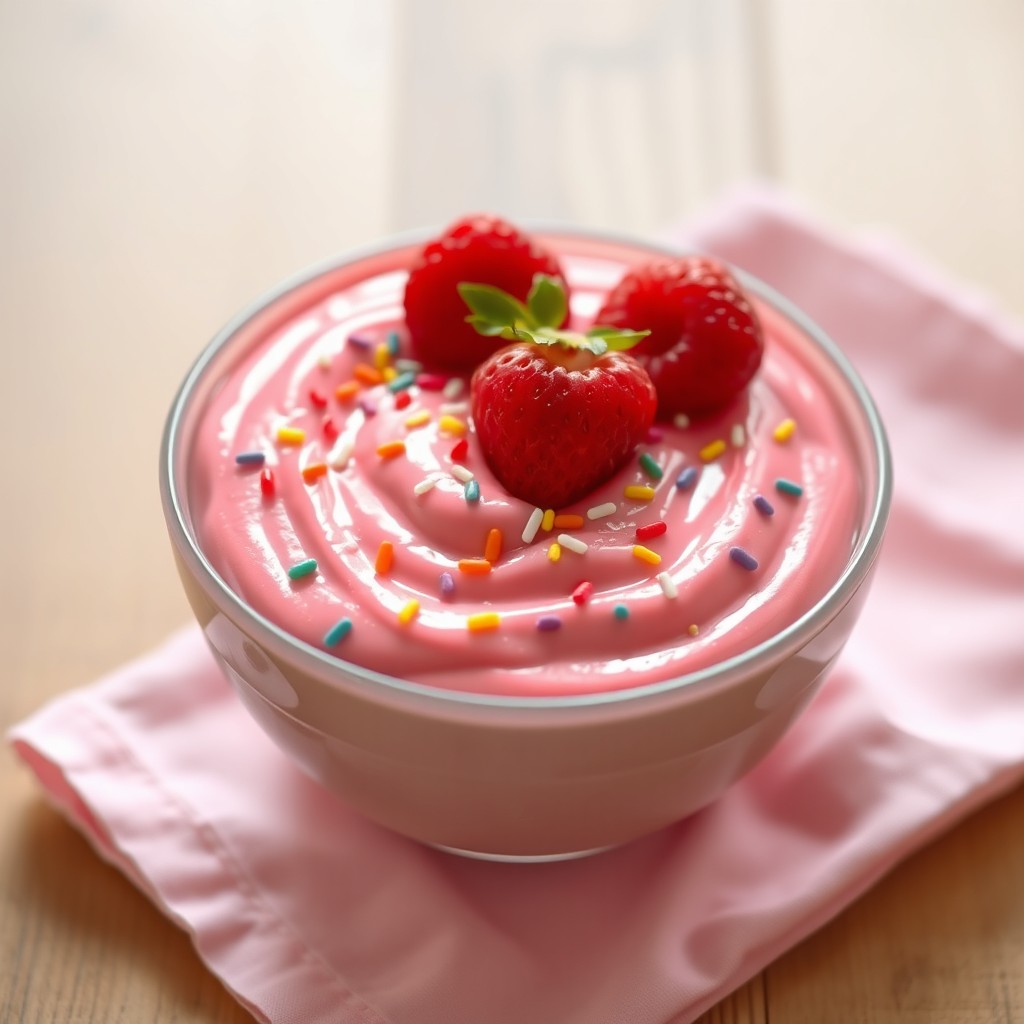 A visually appealing bowl of bright pink pudding, topped with colorful sprinkles and fresh fruit like strawberries or raspberries