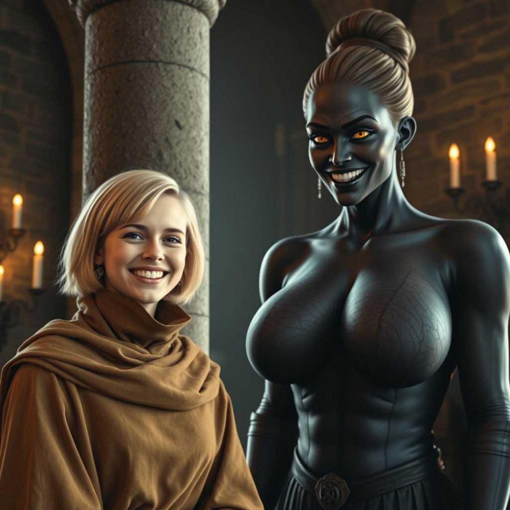 In a medieval room beside a pillar, a very happy 19-year-old short blonde woman with medium-length hair is wearing a noble cloak with a high collar that goes all the way to her neck