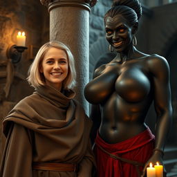 In a medieval room beside a pillar, a very happy 19-year-old short blonde woman with medium-length hair is wearing a noble cloak with a high collar that goes all the way to her neck