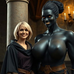 In a medieval room beside a pillar, a very happy 19-year-old short blonde woman with medium-length hair is wearing a noble cloak with a high collar that goes all the way to her neck