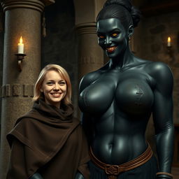 In a medieval room beside a pillar, a very happy 19-year-old short blonde woman with medium-length hair is wearing a noble cloak with a high collar that goes all the way to her neck