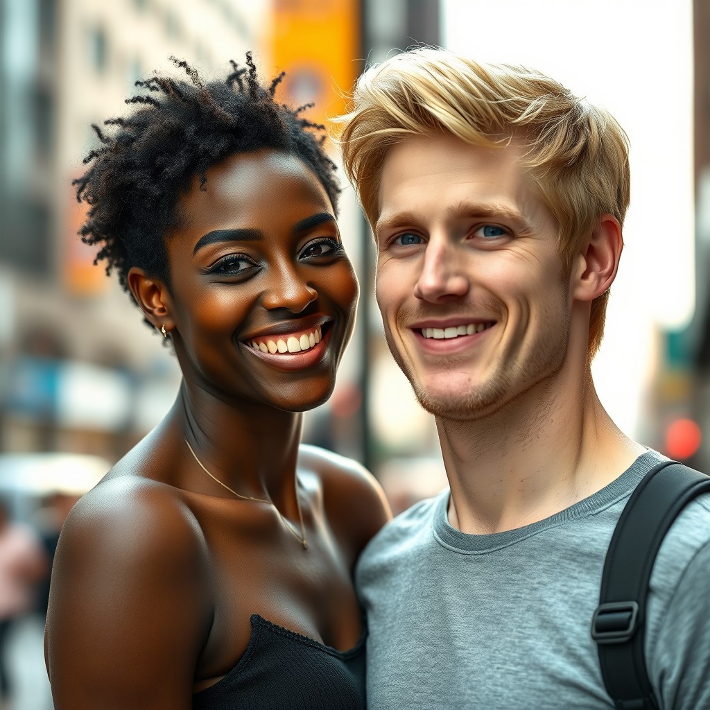 A close-up scene featuring a tall, black lightskin woman with short hair and brown light eyes standing next to a tall, white Caucasian man with blond hair and blue eyes