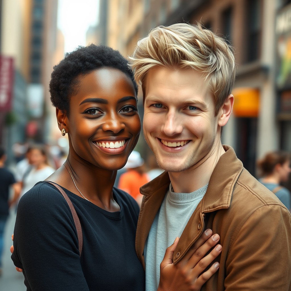 A close-up scene featuring a tall, black lightskin woman with short hair and brown light eyes standing close to a tall, white Caucasian man with blond hair and blue eyes