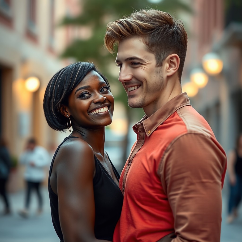 A close-up scene featuring a tall, black lightskin woman with short hair and brown light eyes standing close to a tall, white Caucasian man with blue eyes