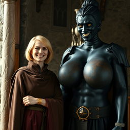 In a medieval room beside a pillar, a very happy 19-year-old short blonde woman with medium-length hair, wearing a thick gold bracelet, is clad in a noble cloak with a high collar that reaches her neck