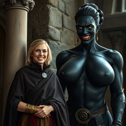 In a medieval room beside a pillar, a very happy 19-year-old short blonde woman with medium-length hair, wearing a thick gold bracelet, is clad in a noble cloak with a high collar that reaches her neck