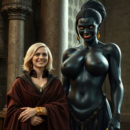 In a medieval room beside a pillar, a very happy 19-year-old short blonde woman with medium-length hair, wearing a thick gold bracelet, is clad in a noble cloak with a high collar that reaches her neck