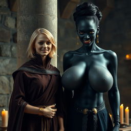 In a medieval room beside a pillar, a very happy and short 19-year-old malnourished blonde woman with medium-length hair is adorned with a thick gold bracelet and wearing a noble cloak that features a high collar fastened all the way to her neck
