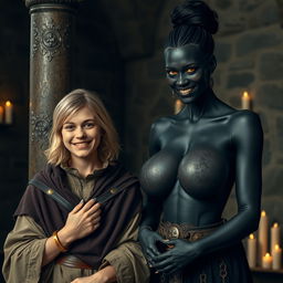 In a medieval room beside a pillar, a very happy and short 19-year-old malnourished blonde woman with medium-length hair is adorned with a thick gold bracelet and wearing a noble cloak that features a high collar fastened all the way to her neck