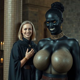 In a medieval room beside a pillar, a very happy and short 19-year-old malnourished blonde woman with medium-length hair is adorned with a thick gold bracelet and wearing a noble cloak that features a high collar fastened all the way to her neck