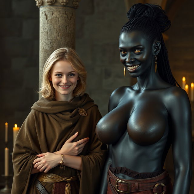 In a medieval room beside a pillar, a very happy and short 19-year-old malnourished blonde woman with medium-length hair is adorned with a thick gold bracelet and wearing a noble cloak that features a high collar fastened all the way to her neck