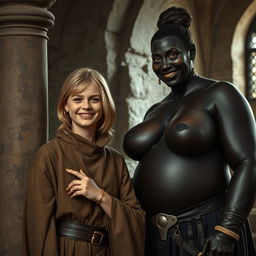 In a medieval room beside a stone pillar, a very happy, short, undernourished young blonde woman, 19 years old, with medium-length hair, wearing a high-collared noble mantle completely closed
