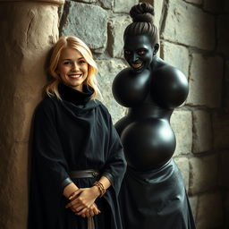 In a medieval room beside a stone pillar, a very happy, short, undernourished young blonde woman, 19 years old, with medium-length hair, wearing a high-collared noble mantle completely closed