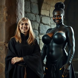 In a medieval room beside a stone pillar, a very happy, short, undernourished young blonde woman, 19 years old, with medium-length hair, wearing a high-collared noble mantle completely closed