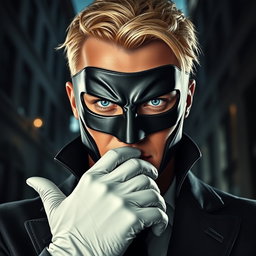 A captivating portrayal of a male supervillain, characterized by a sleek and menacing mask that obscures his identity while accentuating his piercing blue eyes