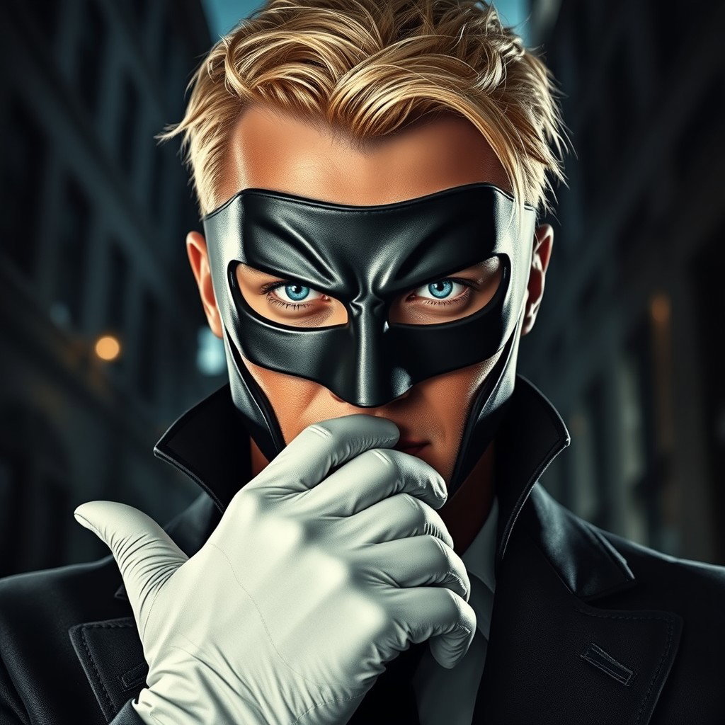 A captivating portrayal of a male supervillain, characterized by a sleek and menacing mask that obscures his identity while accentuating his piercing blue eyes