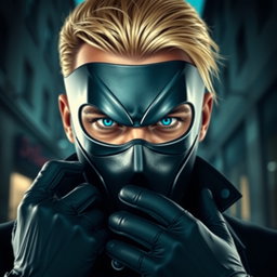 A captivating portrayal of a male supervillain, characterized by a sleek and menacing mask that obscures his identity while accentuating his piercing blue eyes