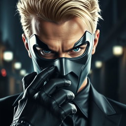 A captivating portrayal of a male supervillain, characterized by a sleek and menacing mask that obscures his identity while accentuating his piercing blue eyes