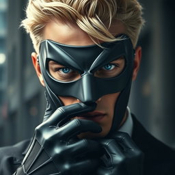 A captivating portrayal of a male supervillain, characterized by a sleek and menacing mask that obscures his identity while accentuating his piercing blue eyes