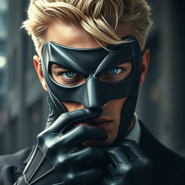 A captivating portrayal of a male supervillain, characterized by a sleek and menacing mask that obscures his identity while accentuating his piercing blue eyes